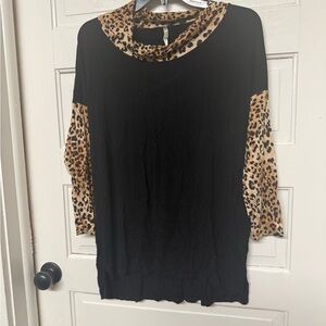 Leopard Trim Black Women's Cowl Neck Top